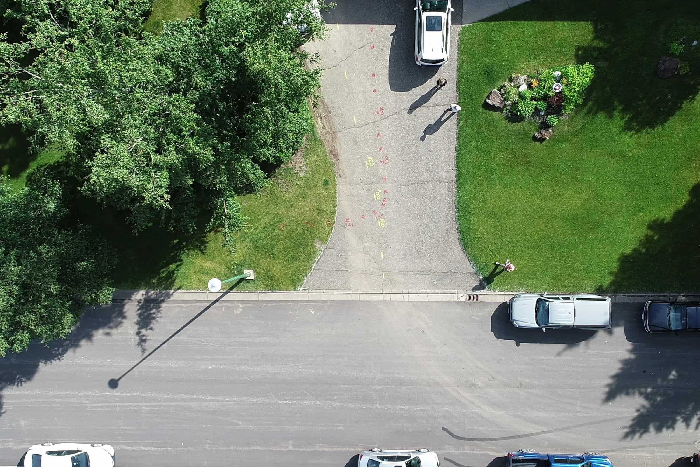 Top-down aerial image of a residential street