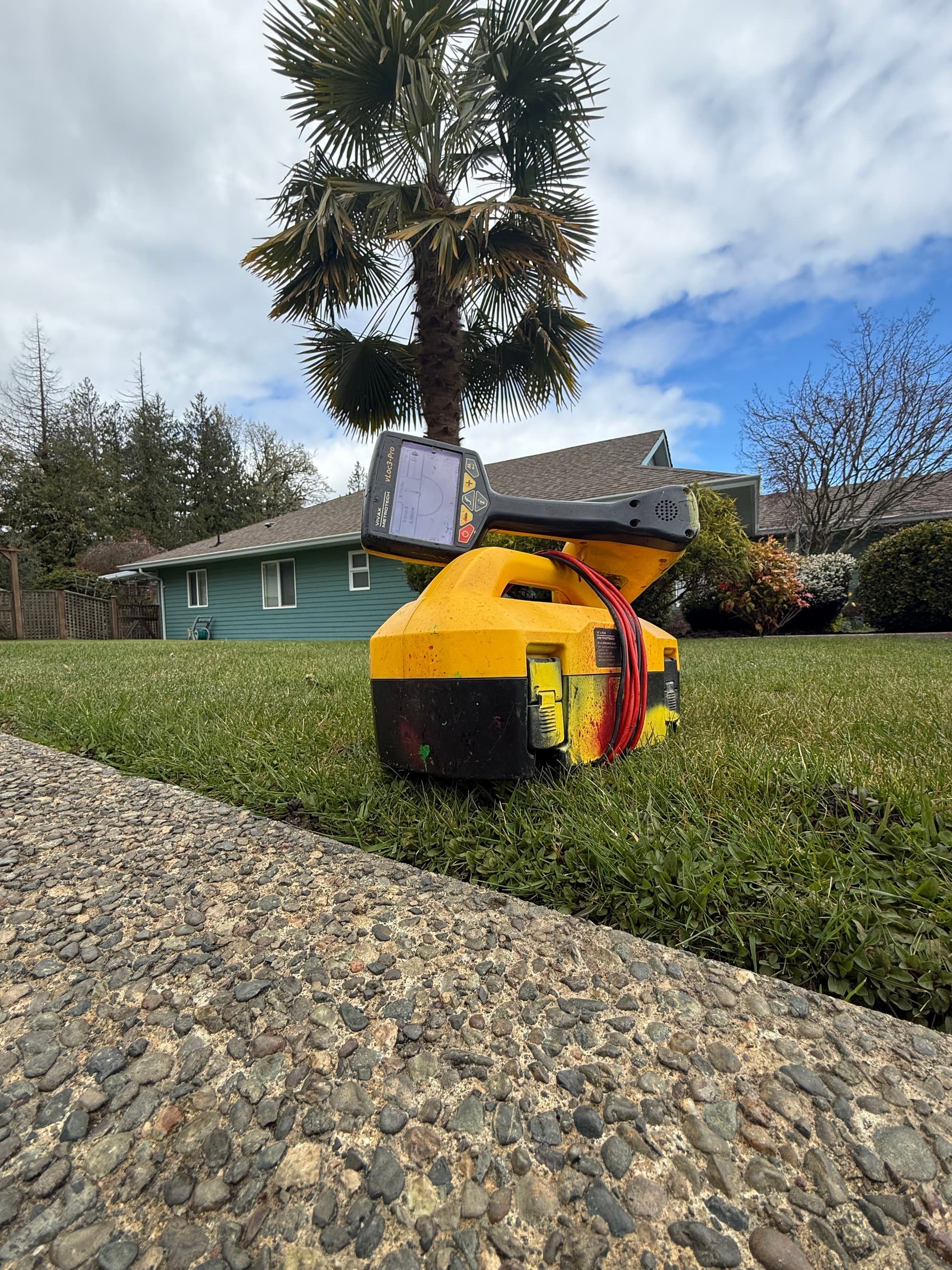 Electromagnetic utility locator set up on a residential lawn