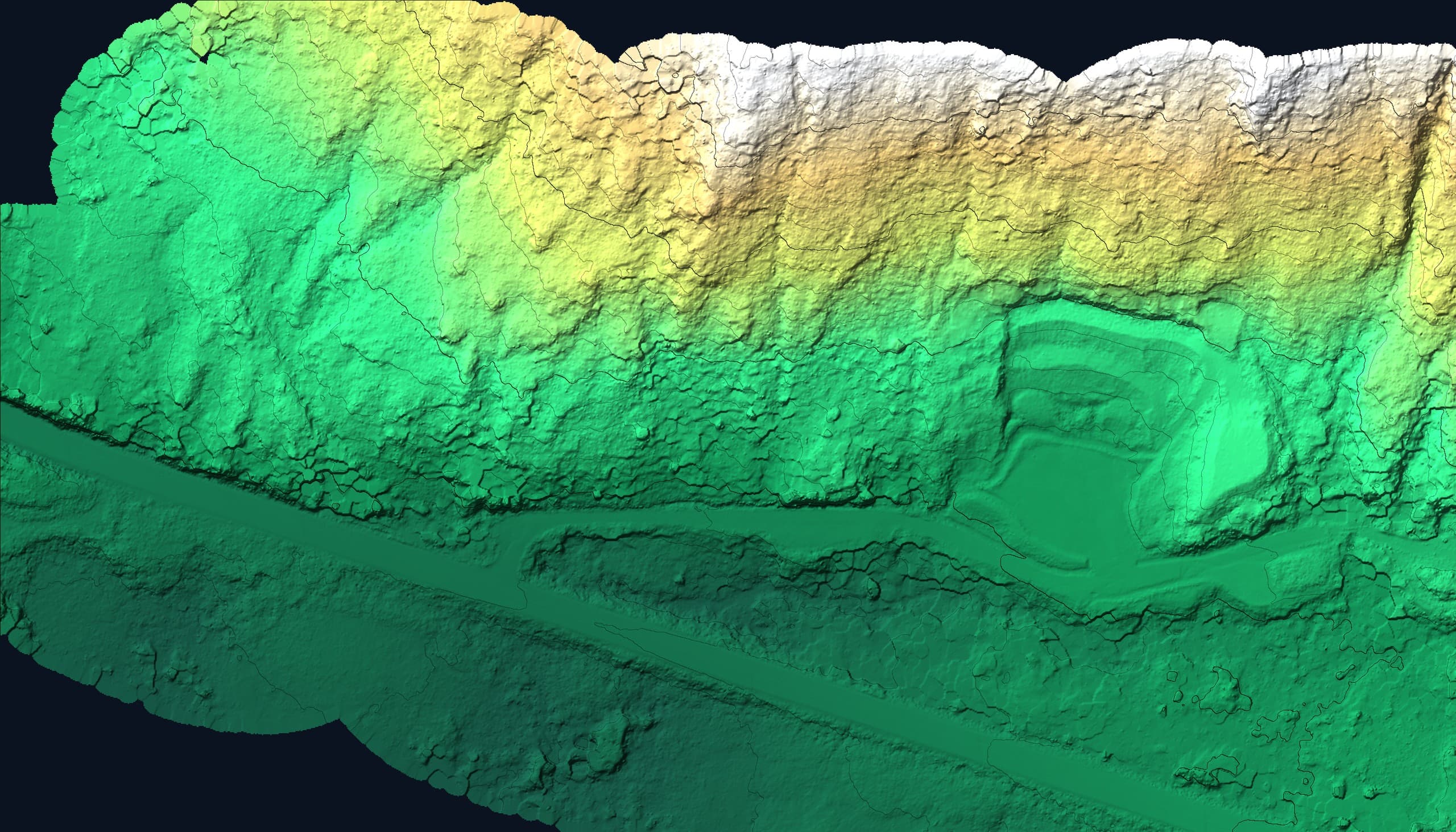 LiDAR bare-earth terrain model of the same ground with 5 m contours