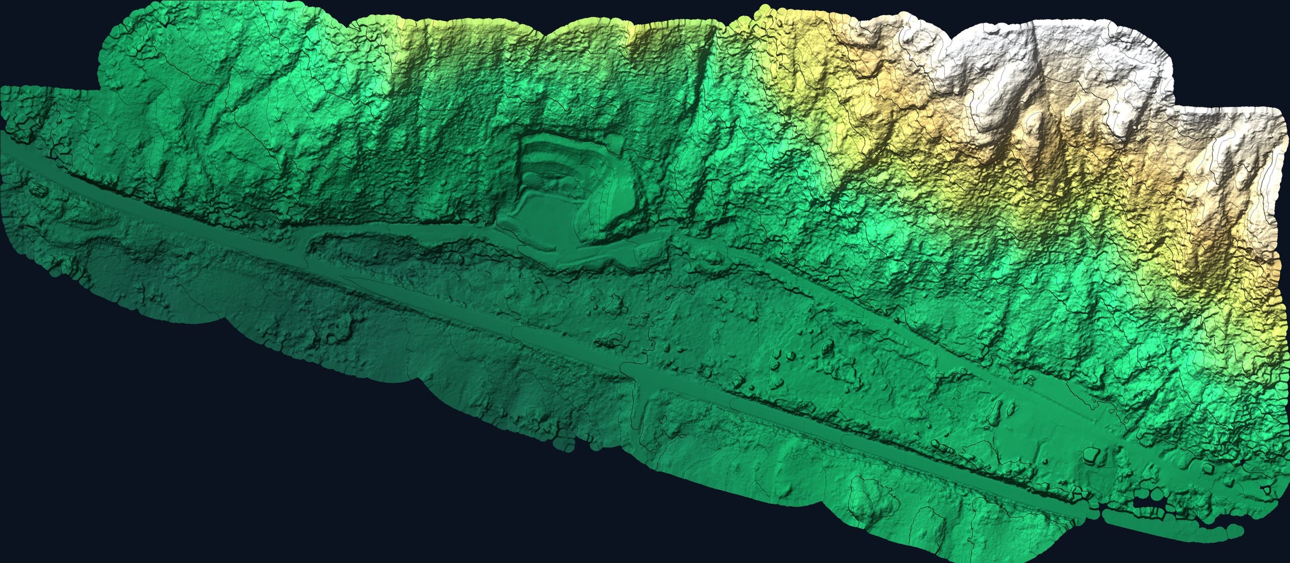 Bare-earth terrain model of a forested highway corridor with contours