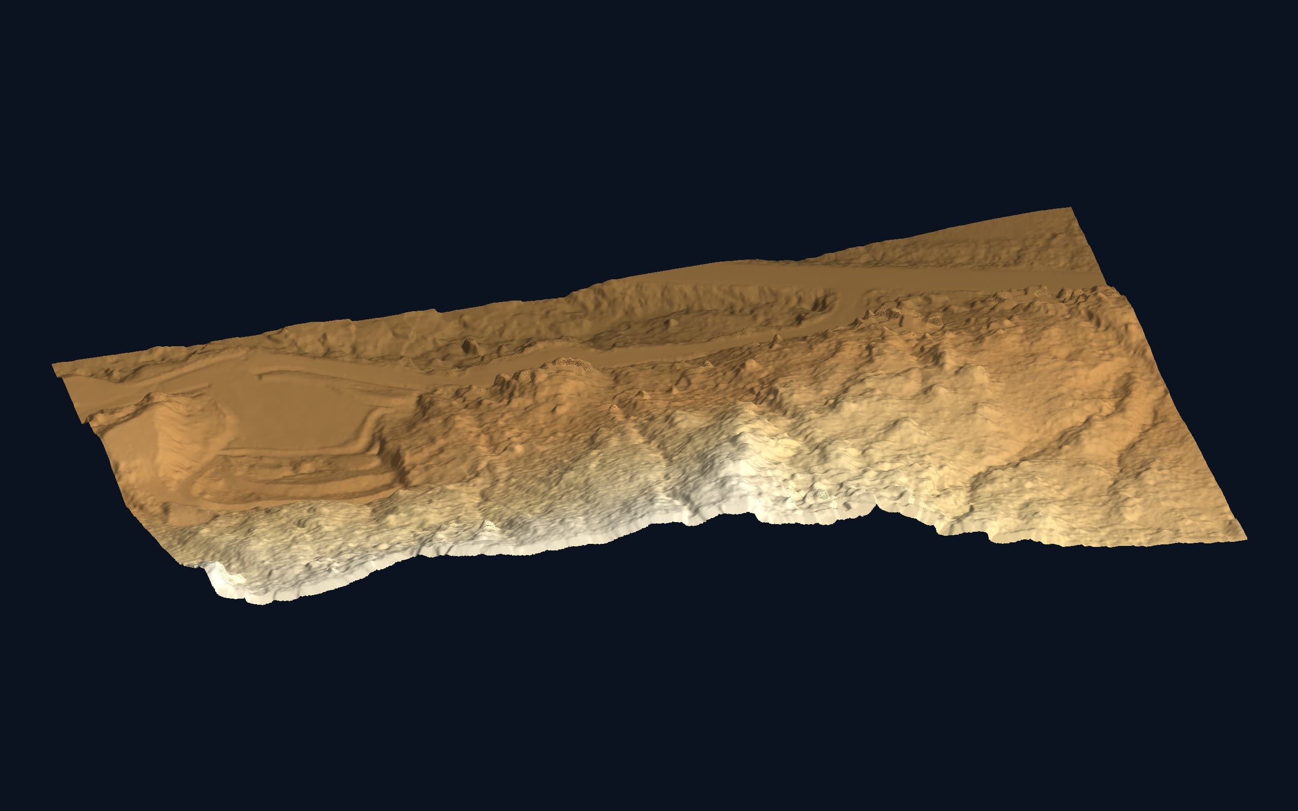 Ground-only LiDAR point cloud with vegetation removed, oblique view