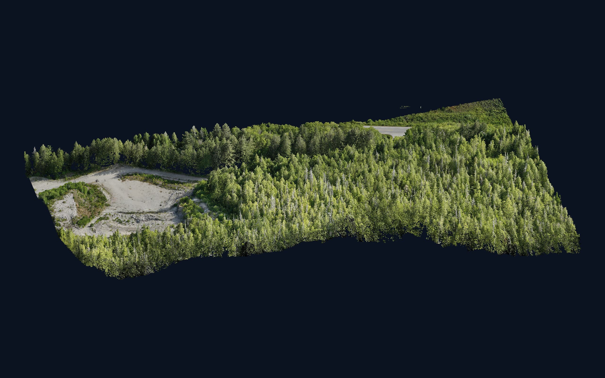 Colourized LiDAR point cloud of a forested corridor and gravel pit, oblique view