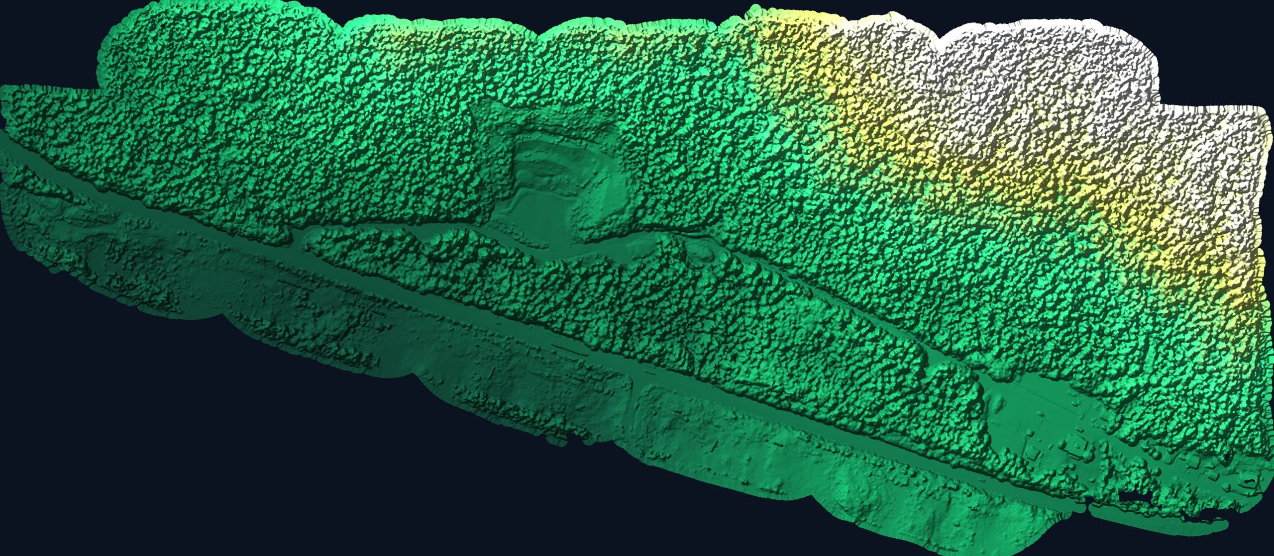 Hillshaded surface model of a forested corridor