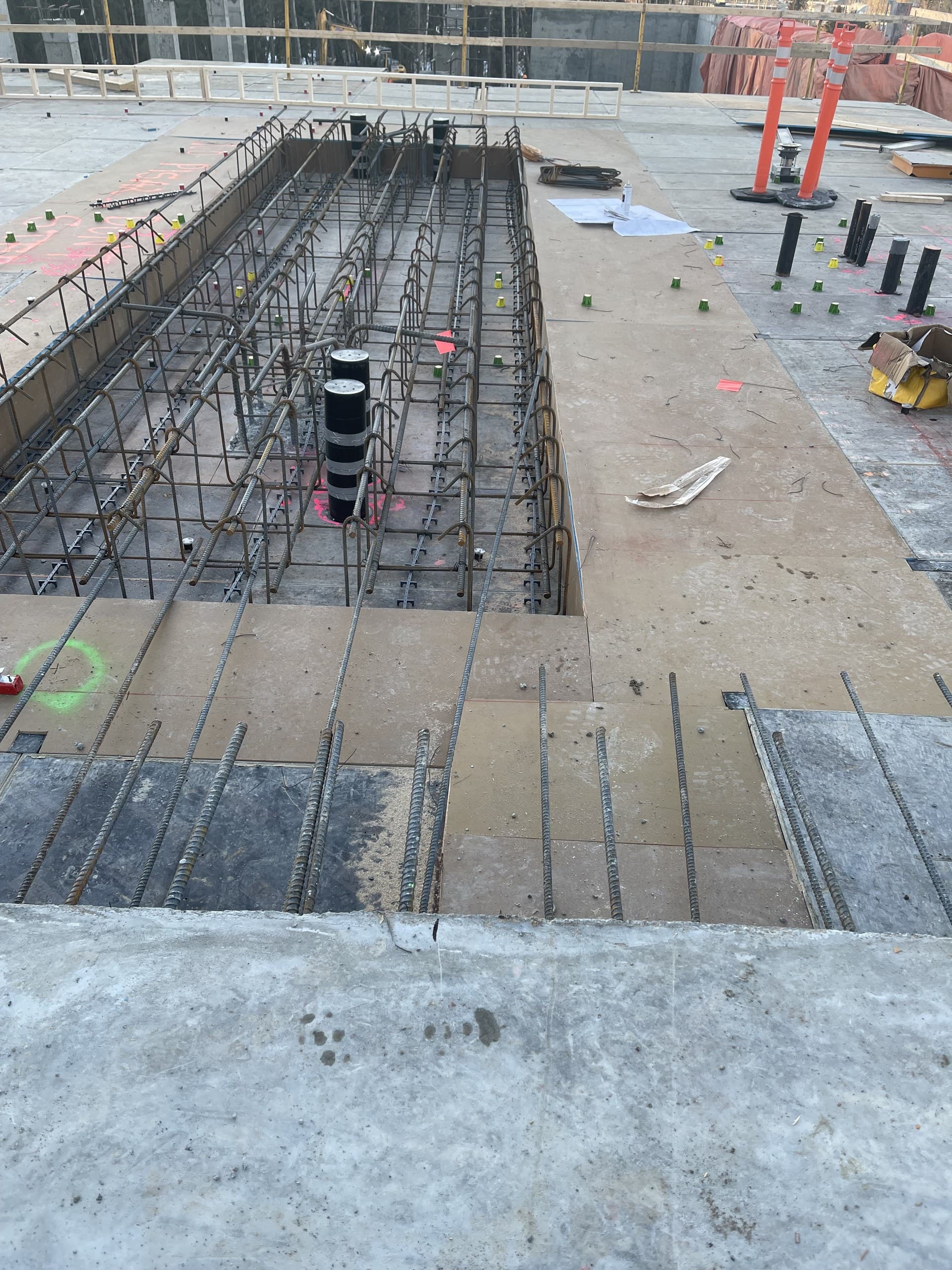 Rebar and formwork on a suspended slab with layout marks