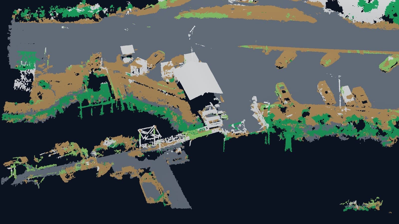 Classified LiDAR point cloud of a highway, wharf and shoreline with roads, buildings and vegetation separated